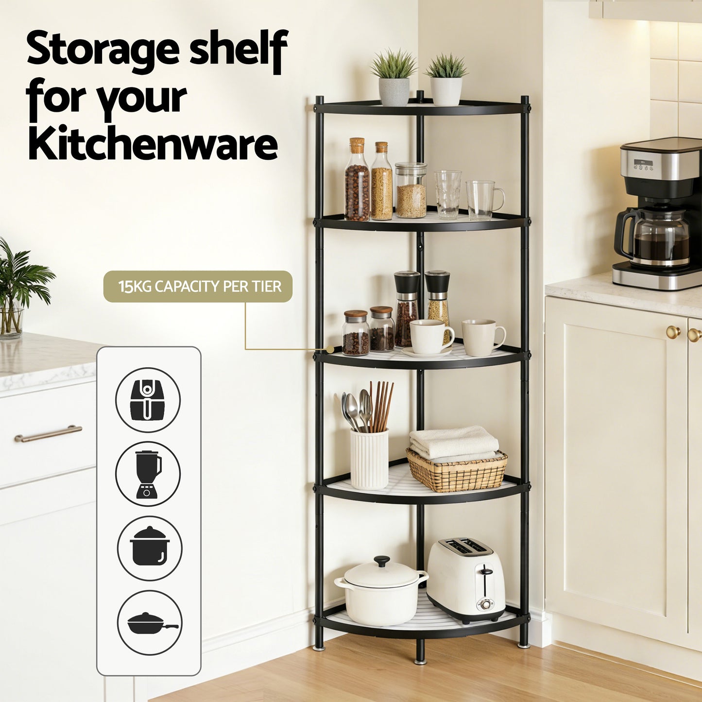 Artiss 5-Tier Kitchen Corner Shelf Rack Stand Microwave Metal Storage Shelves - Image 5