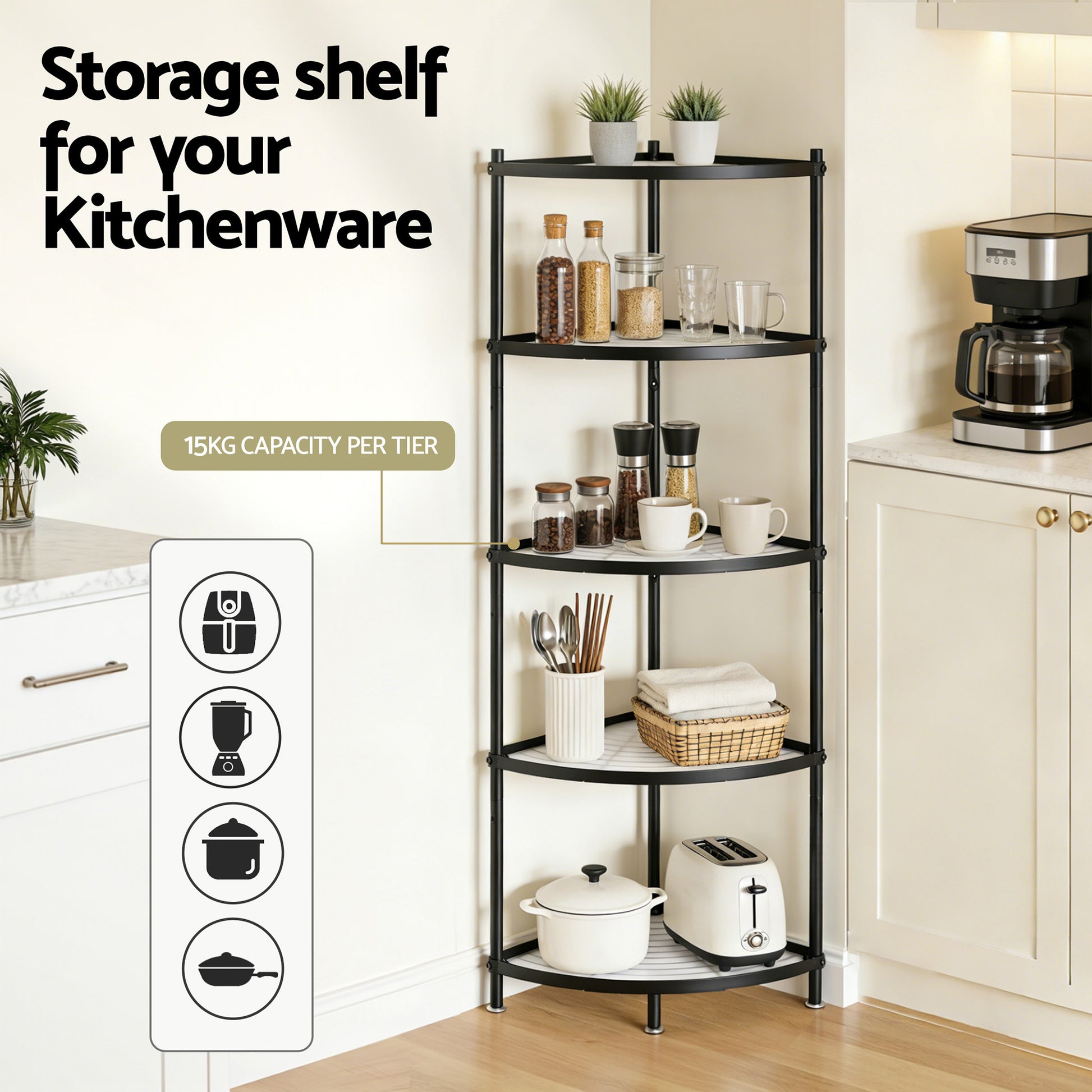 Artiss 5-Tier Kitchen Corner Shelf Rack Stand Microwave Metal Storage Shelves - Image 5
