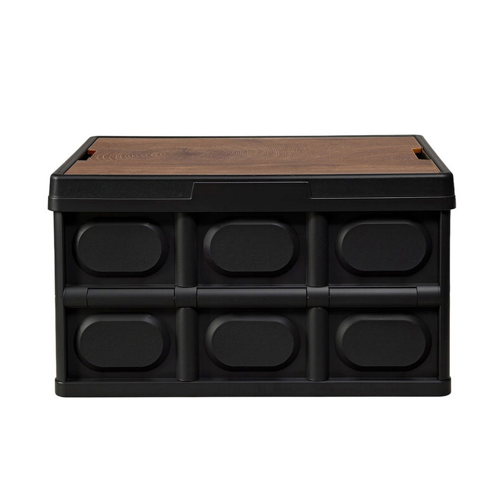 Gardeon Collapsible Outdoor Storage Box 50L Stackable Folding Camping Organizer Plywood Lid Black - Image 4