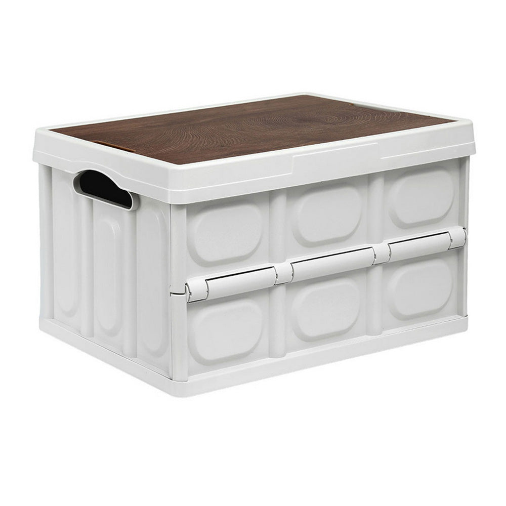 Gardeon Collapsible Outdoor Storage Box 50L Stackable Folding Camping Organizer Plywood Lid Beige - Image 2