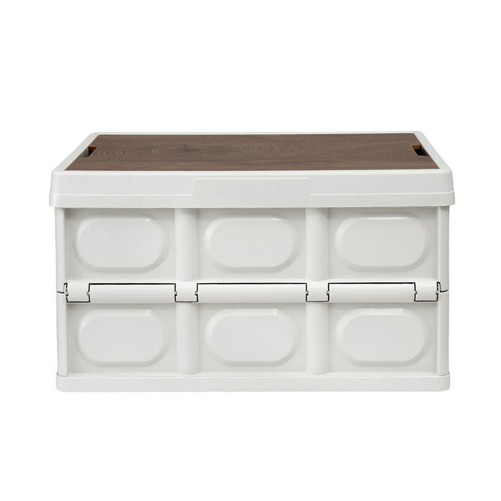 Gardeon Collapsible Outdoor Storage Box 50L Stackable Folding Camping Organizer Plywood Lid Beige - Image 4
