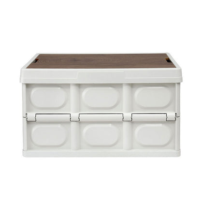 Gardeon Collapsible Outdoor Storage Box 50L Stackable Folding Camping Organizer Plywood Lid Beige - Image 4