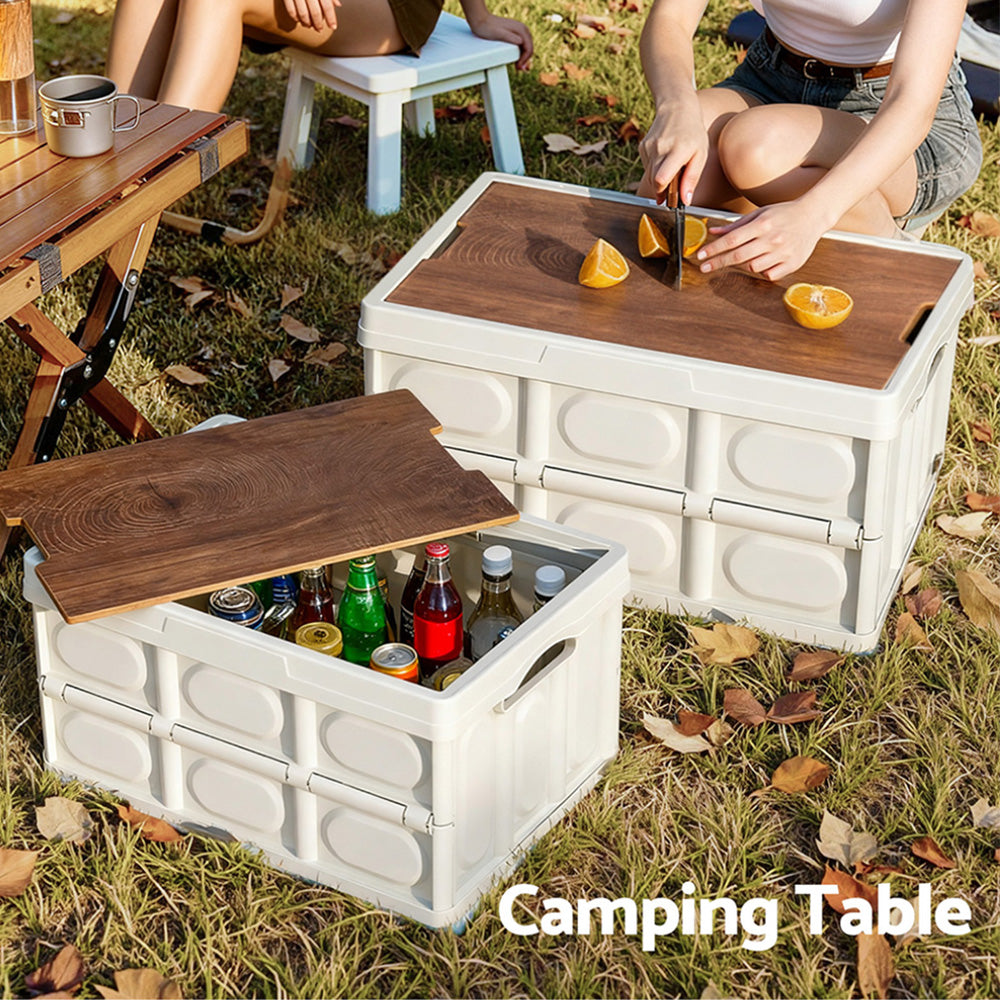 Gardeon Collapsible Outdoor Storage Box 50L Stackable Folding Camping Organizer Plywood Lid Beige - Image 6