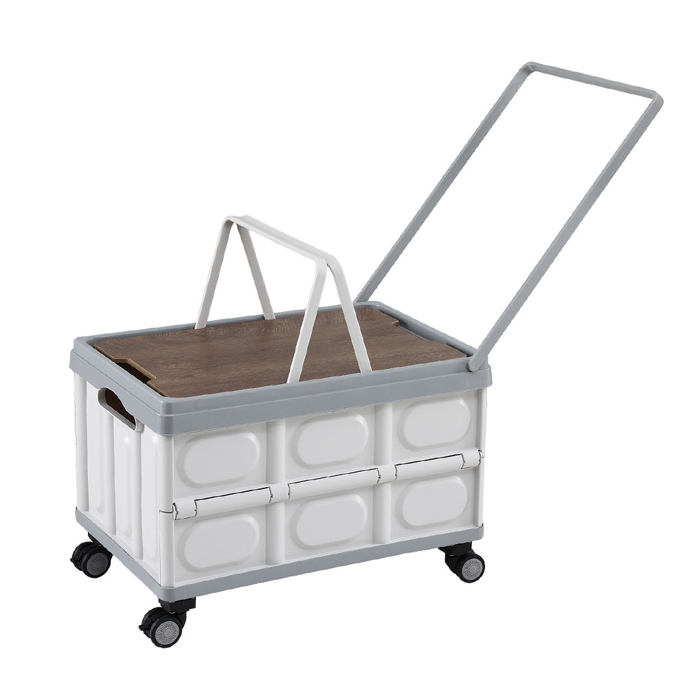 Gardeon Collapsible Outdoor Storage Box 54L Stackable Folding Camping Organizer Wheels Plywood Lid Beige - Image 2