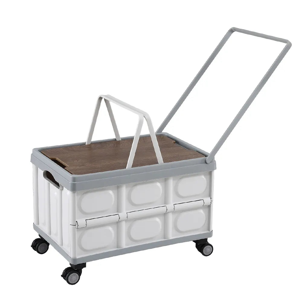Gardeon Collapsible Outdoor Storage Box 54L Stackable Folding Camping Organizer Wheels Plywood Lid Beige - Image 2