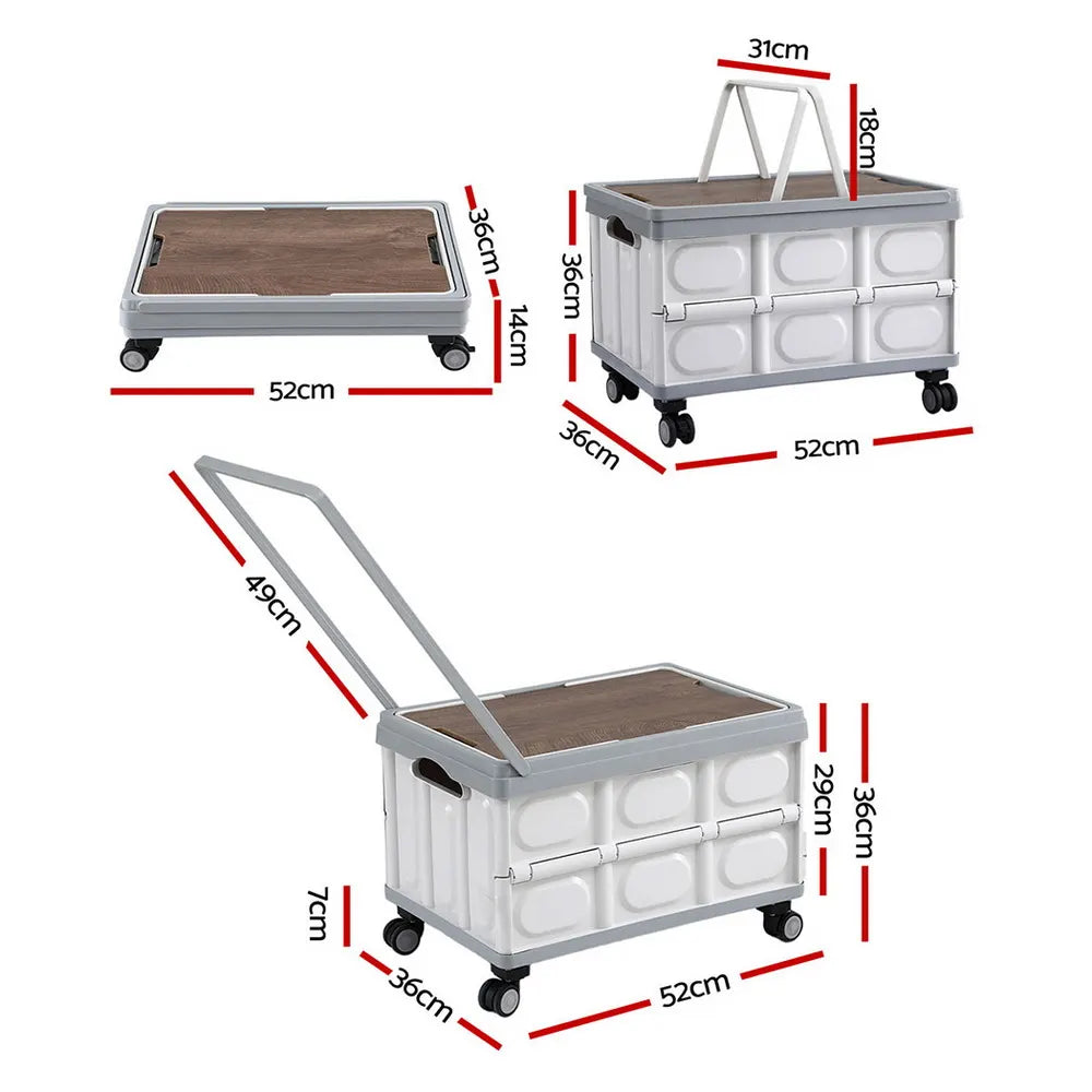 Gardeon Collapsible Outdoor Storage Box 54L Stackable Folding Camping Organizer Wheels Plywood Lid Beige - Image 3