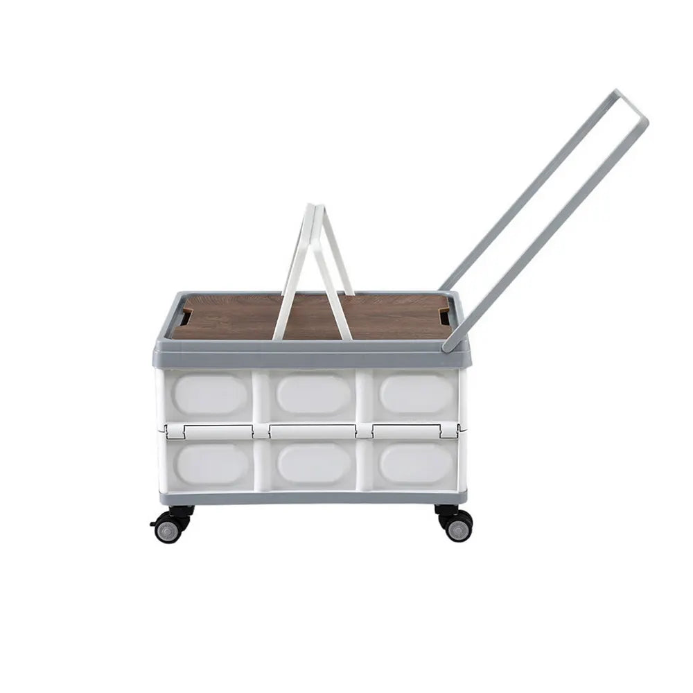 Gardeon Collapsible Outdoor Storage Box 54L Stackable Folding Camping Organizer Wheels Plywood Lid Beige - Image 4
