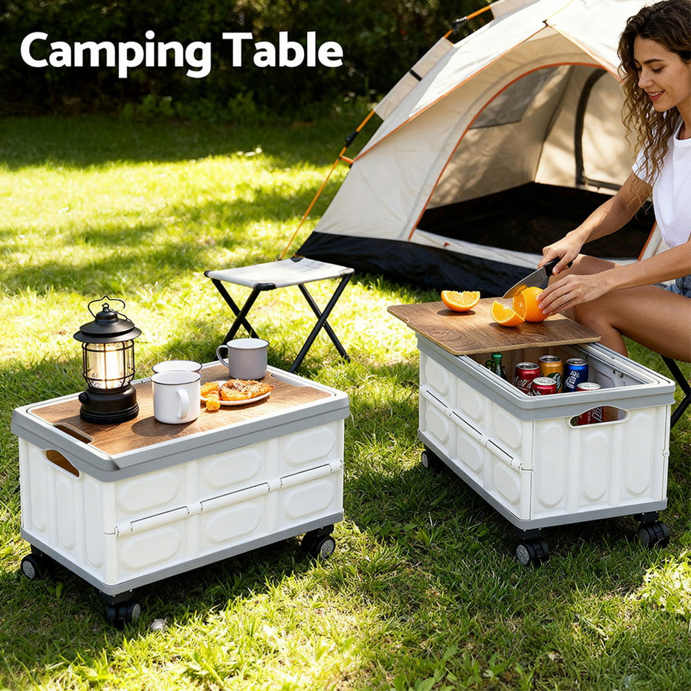 Gardeon Collapsible Outdoor Storage Box 54L Stackable Folding Camping Organizer Wheels Plywood Lid Beige - Image 6