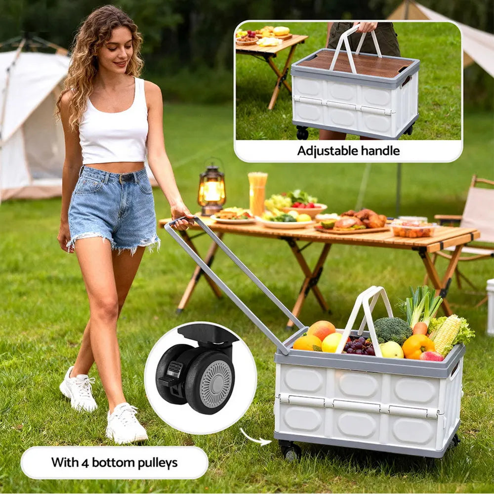 Gardeon Collapsible Outdoor Storage Box 54L Stackable Folding Camping Organizer Wheels Plywood Lid Beige - Image 7