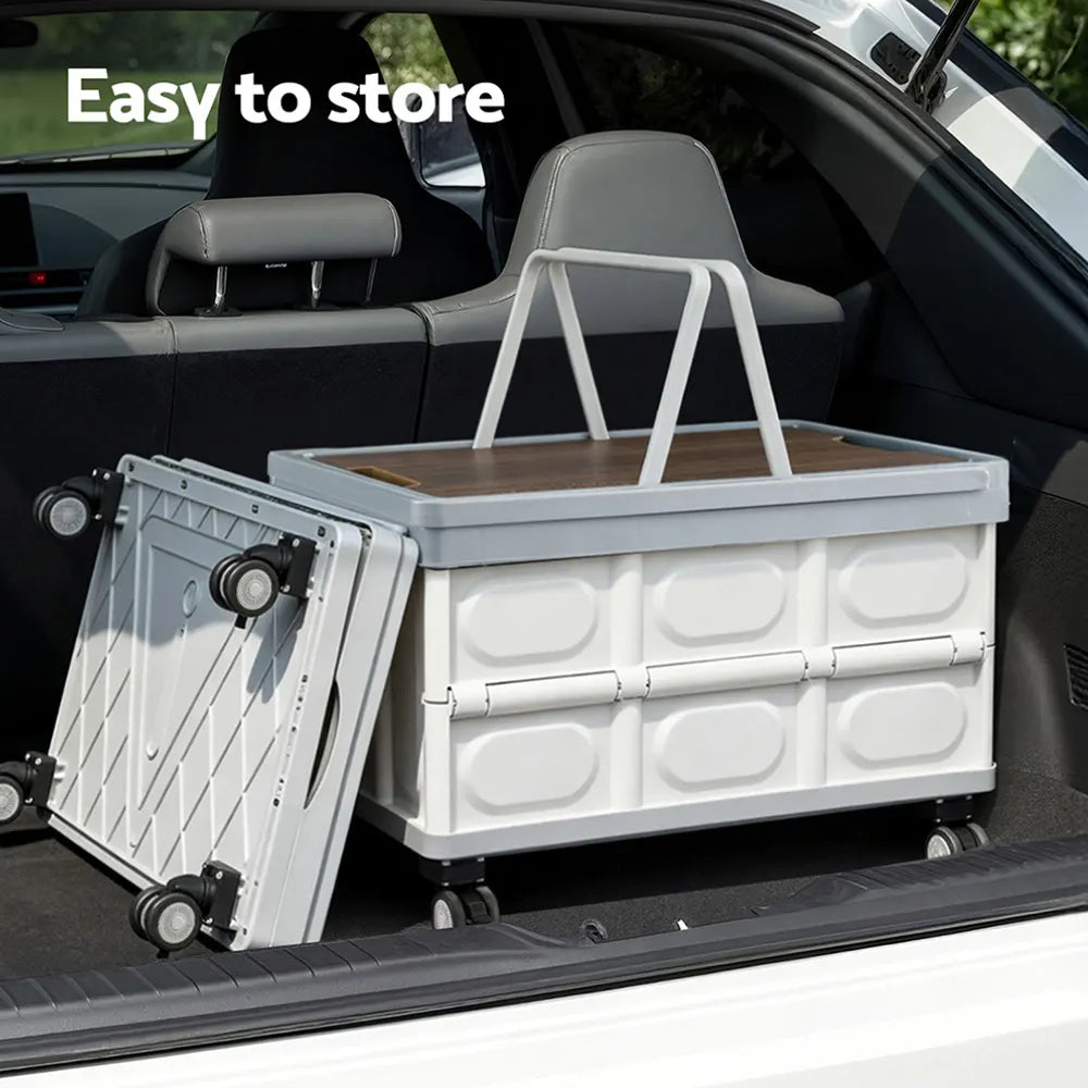 Gardeon Collapsible Outdoor Storage Box 54L Stackable Folding Camping Organizer Wheels Plywood Lid Beige - Image 8