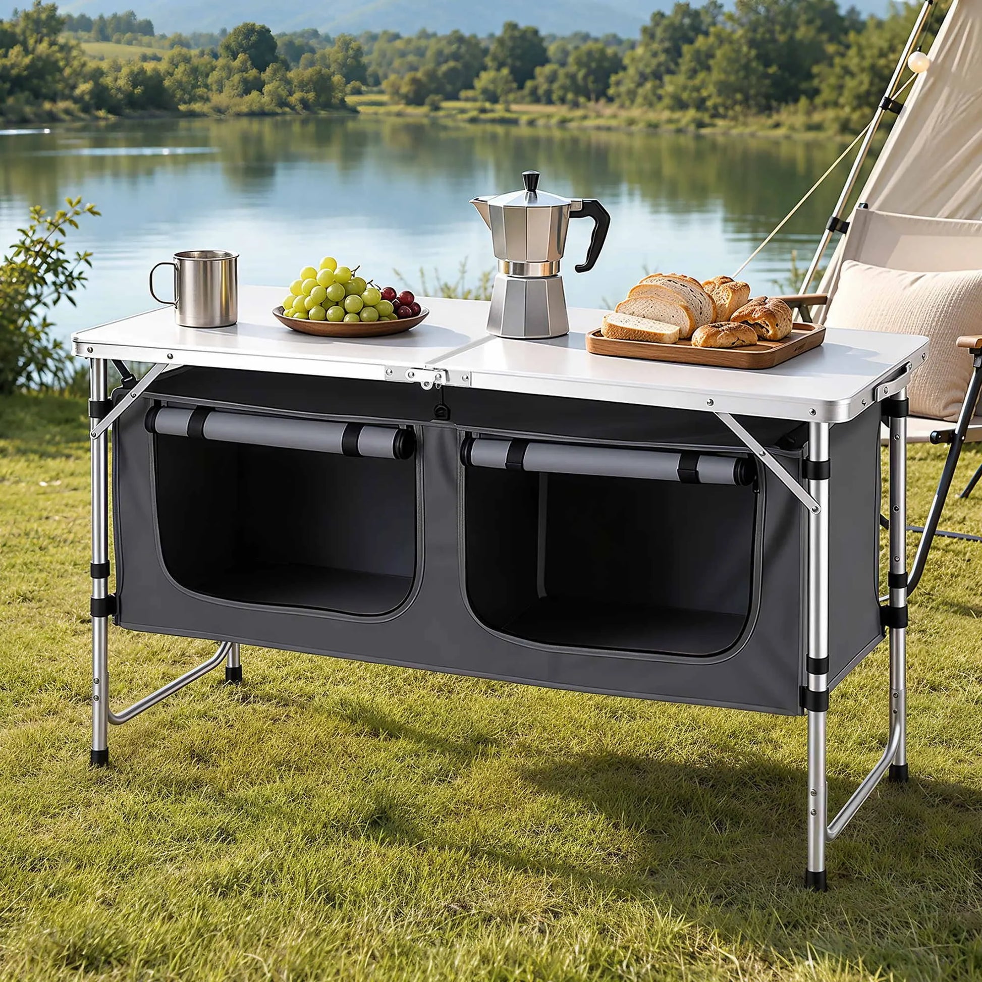 Weisshorn Camping Table Adjustable Storage Cabinet Aluminum MDF 120cm Grey