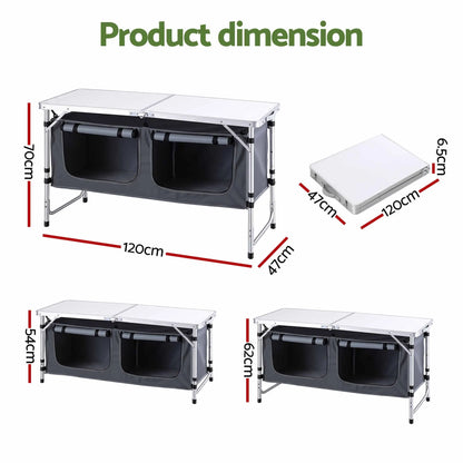 Weisshorn Camping Table Adjustable Storage Cabinet Aluminum MDF 120cm Grey - Image 2