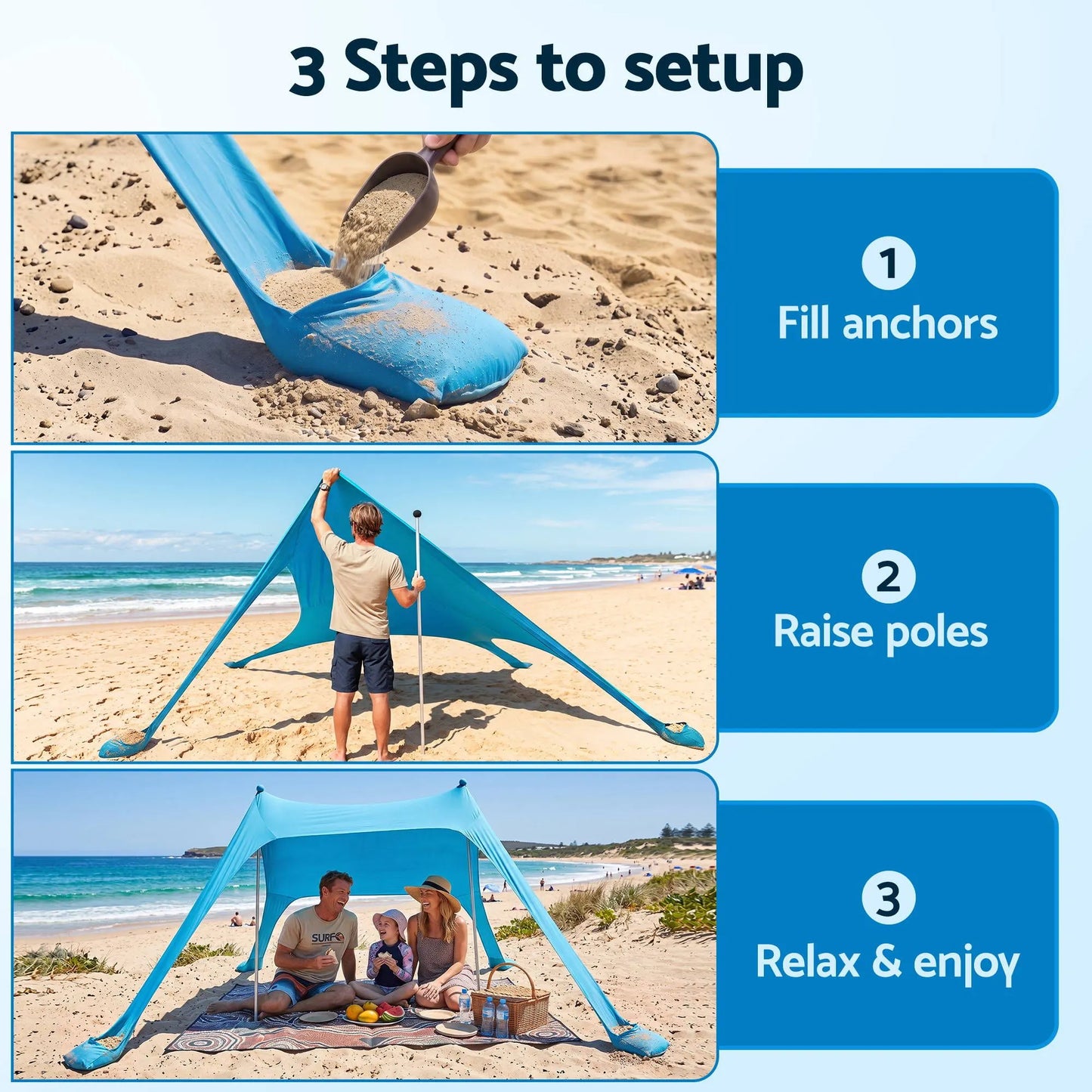 Weisshorn Camping Tent Beach Tent Canopy Sun Shelter Portable Blue - Image 4