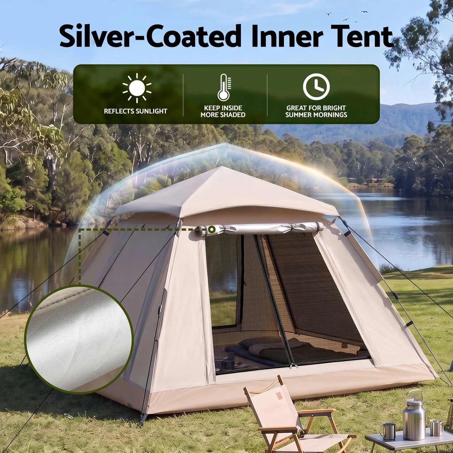 Weisshorn Camping Tent Family Shelter 210D Oxford Fabric Awning 210cm Khaki - Image 6
