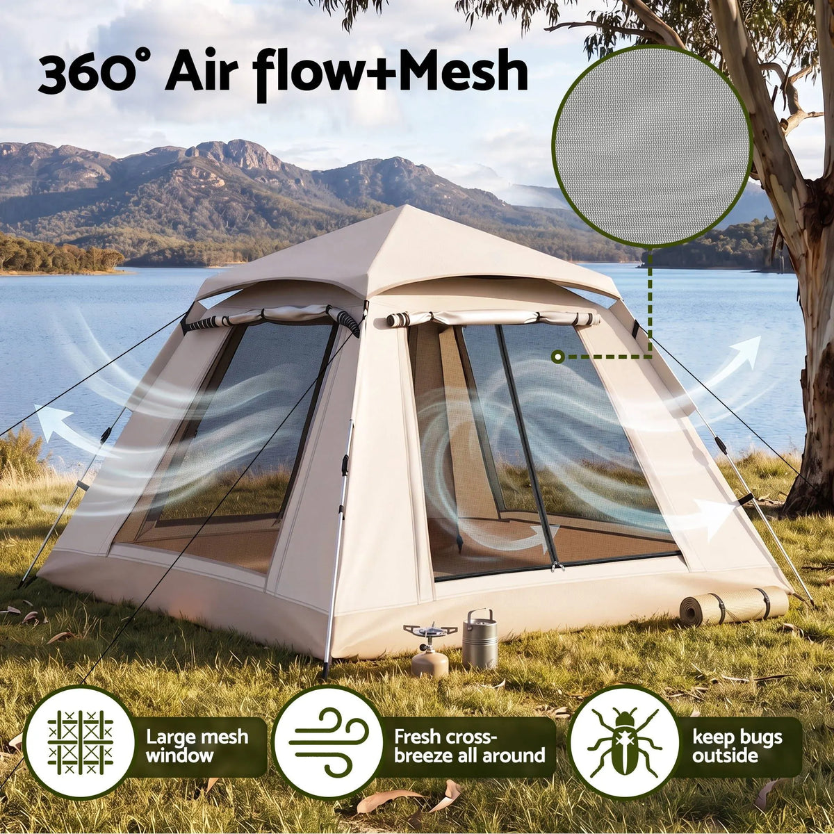 Weisshorn Camping Tent Family Shelter 210D Oxford Fabric Awning 210cm Khaki - Image 7