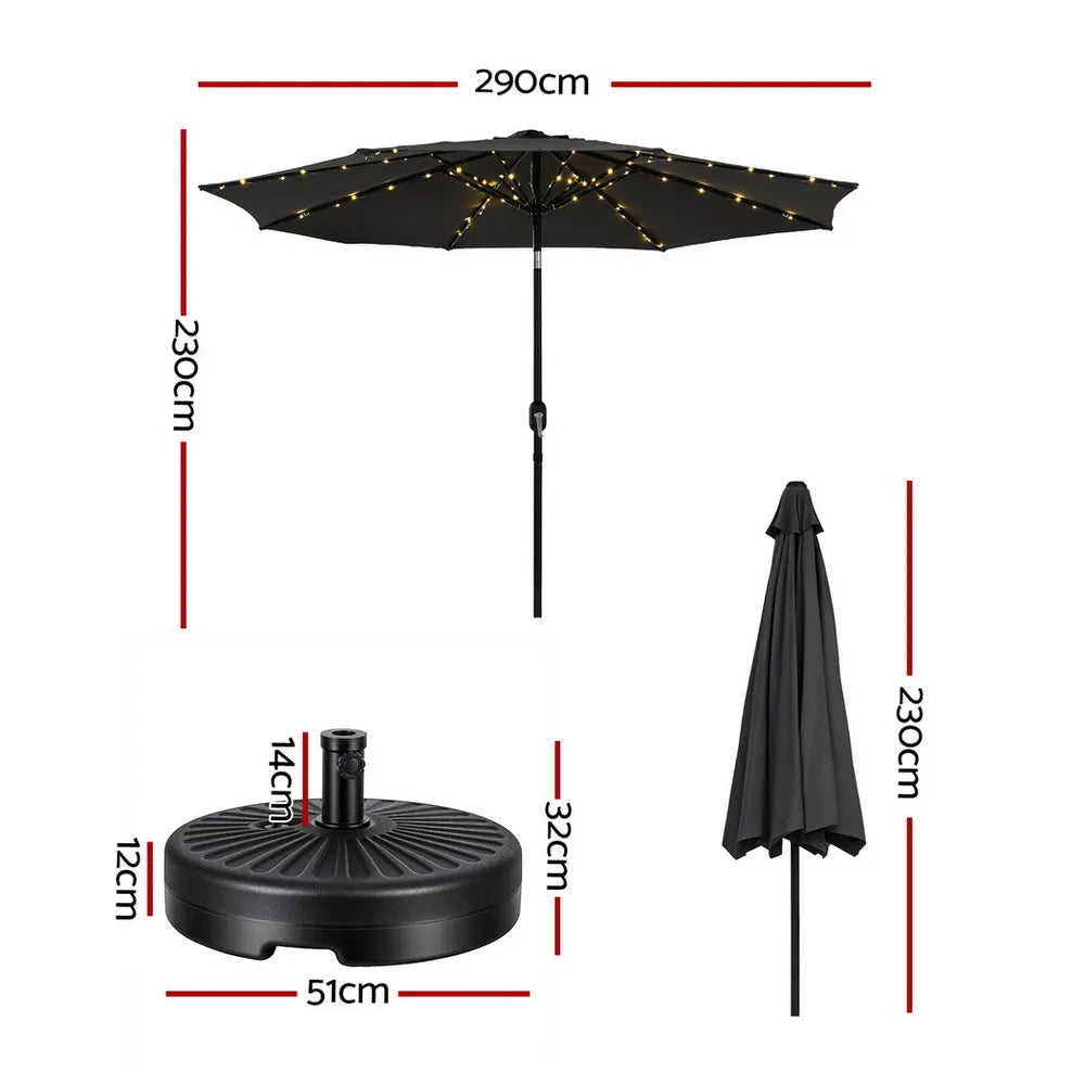 Instahut Outdoor Umbrella 2.9m Market Umbrella with Base String Light Black - Image 3