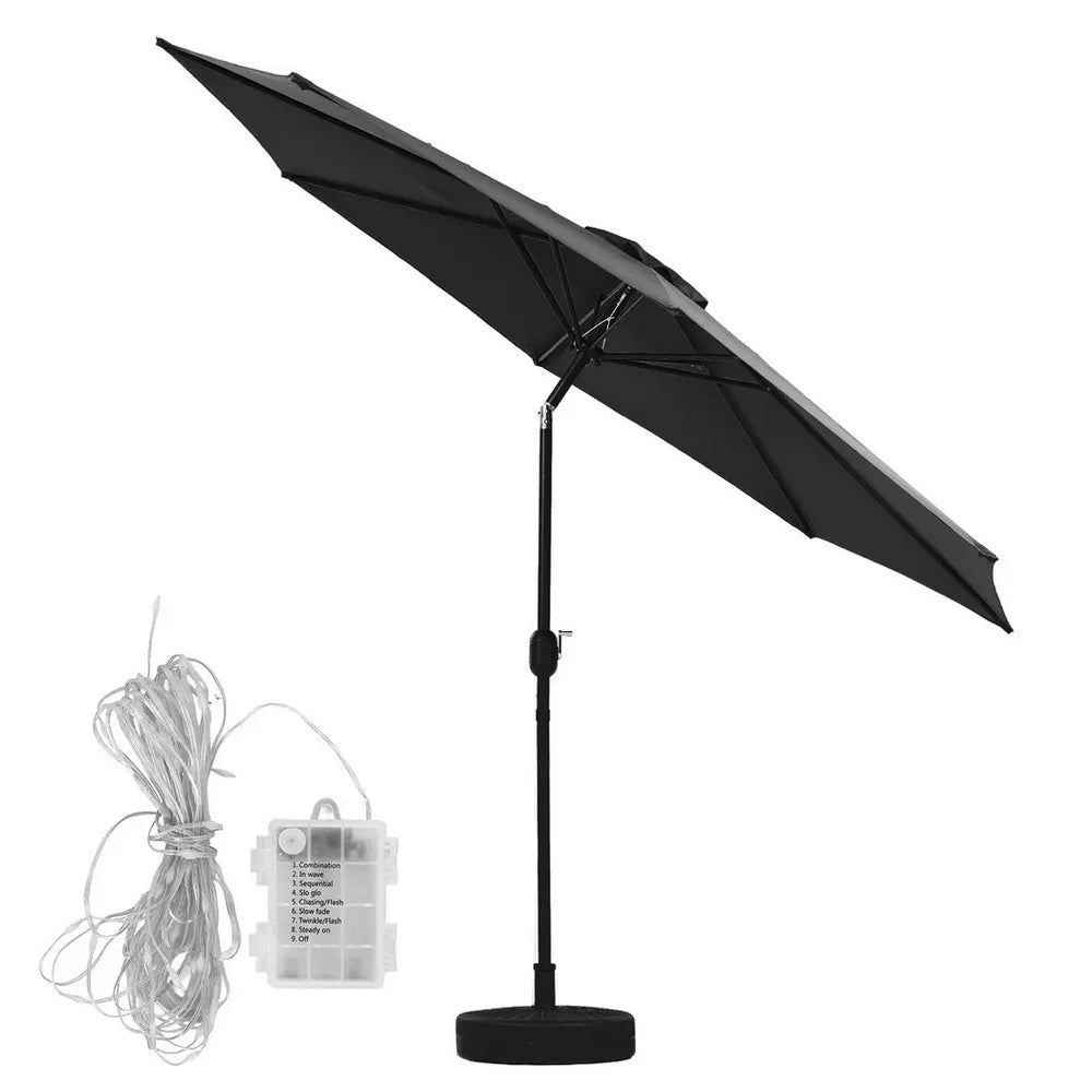 Instahut Outdoor Umbrella 2.9m Market Umbrella with Base String Light Black - Image 4