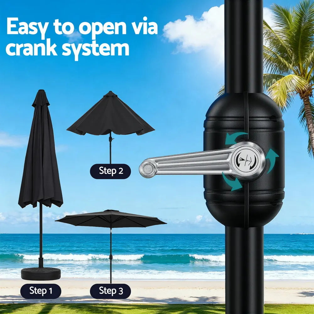 Instahut Outdoor Umbrella 2.9m Market Umbrella with Base String Light Black - Image 8