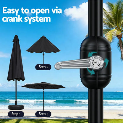 Instahut Outdoor Umbrella 2.9m Market Umbrella with Base String Light Black - Image 8