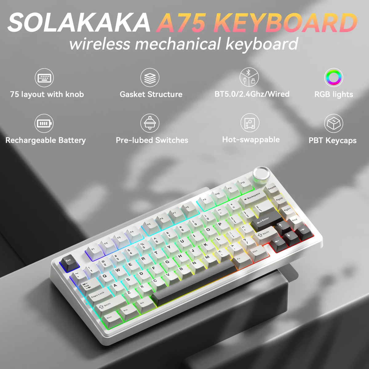 SOLAKAKA A75 75% Gasket Mechanical Keyboard Tri-Mode Hot-Swap Knob - Image 4