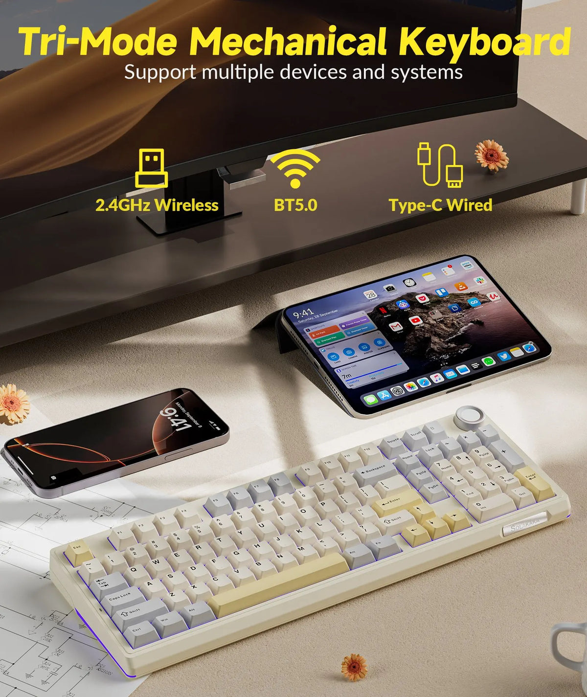 SOLAKAKA Ki99 Pro 99-Key Gasket Mechanical Keyboard Tri-Mode Hot-Swap Knob - Image 4