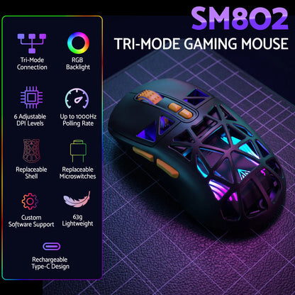 SOLAKAKA SM802 Pro Tri-Mode Gaming Mouse RGB 24000 DPI Hotswap - Image 5