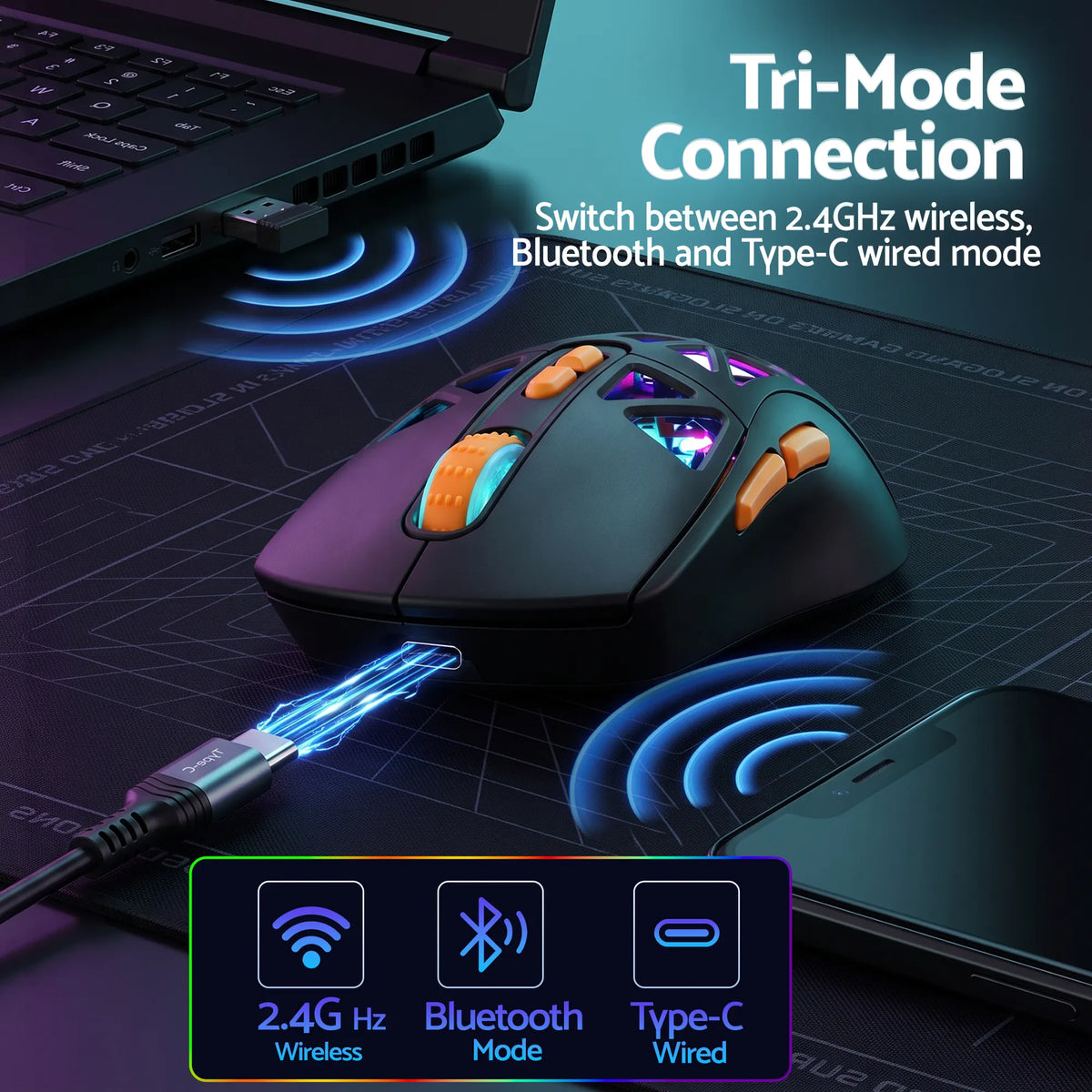 SOLAKAKA SM802 Pro Tri-Mode Gaming Mouse RGB 24000 DPI Hotswap - Image 6