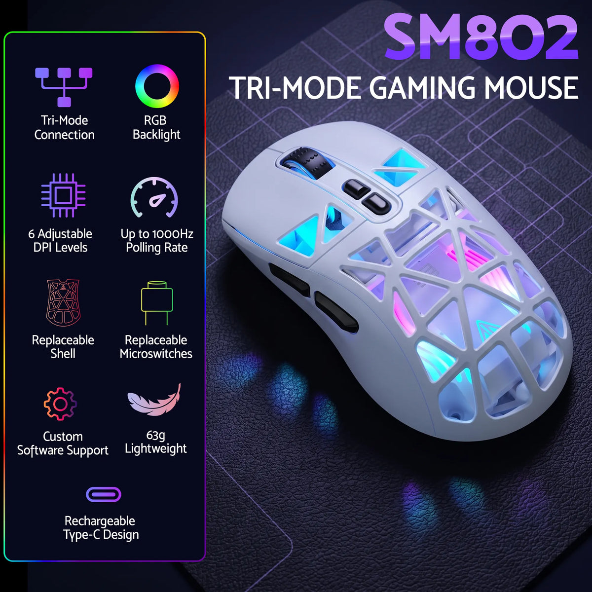 SOLAKAKA SM802 Pro Tri-Mode Gaming Mouse RGB 24000 DPI Hotswap - Image 5