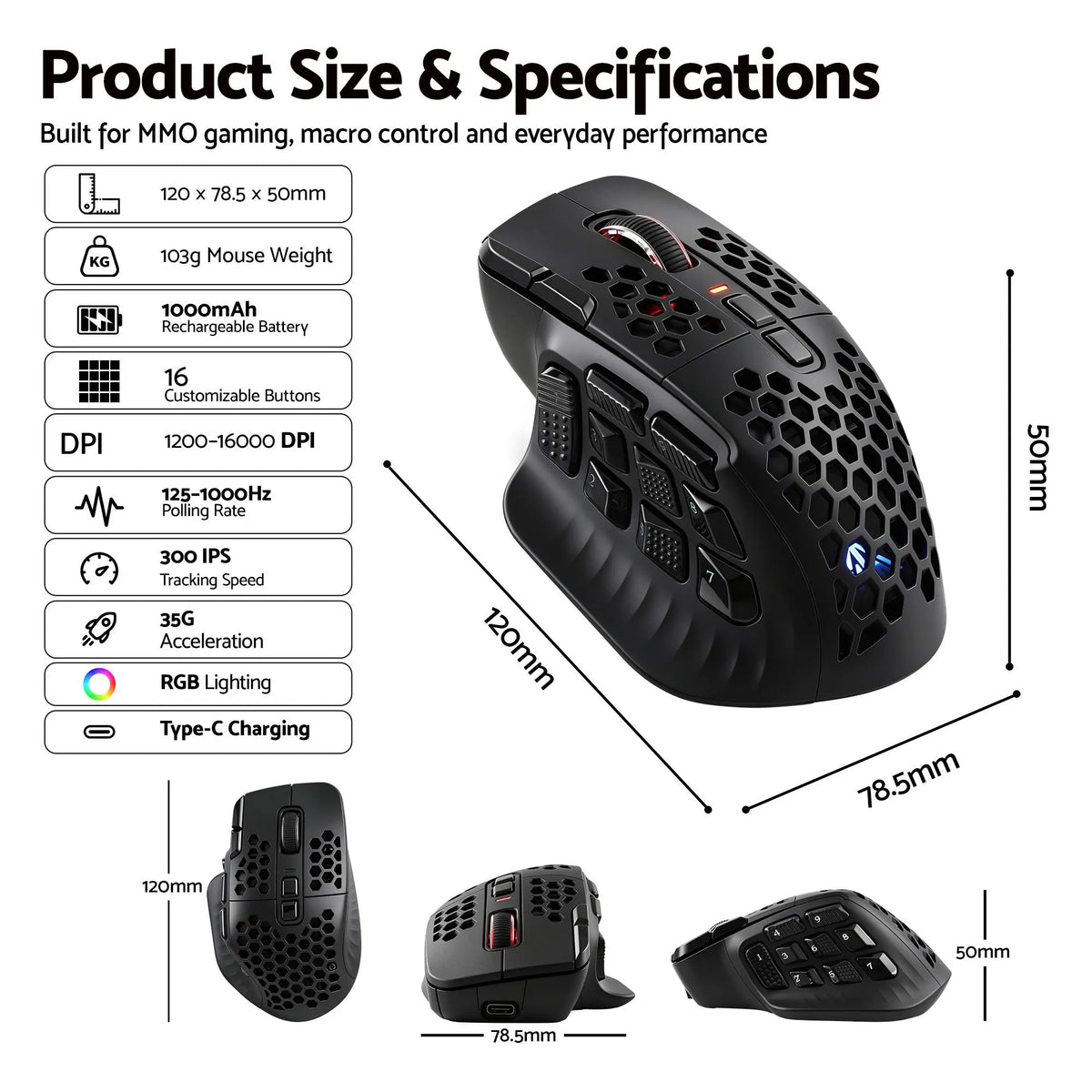SOLAKAKA Wireless MMO Gaming Mouse 16 Buttons Bluetooth 24000 DPI RGB - Image 3