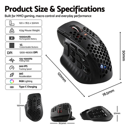 SOLAKAKA Wireless MMO Gaming Mouse 16 Buttons Bluetooth 24000 DPI RGB - Image 3