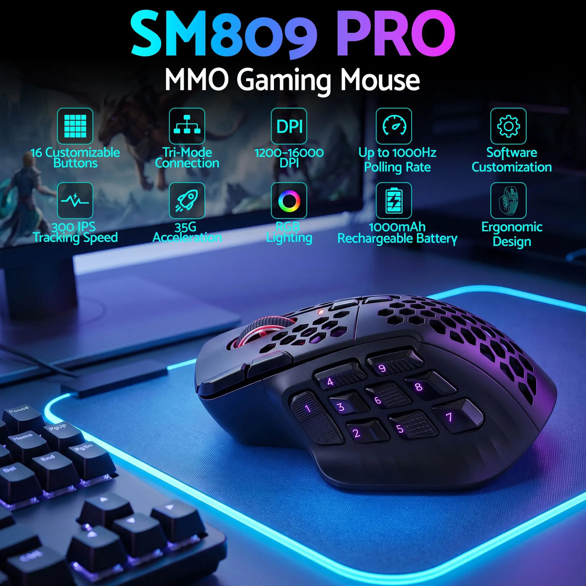 SOLAKAKA Wireless MMO Gaming Mouse 16 Buttons Bluetooth 24000 DPI RGB - Image 5
