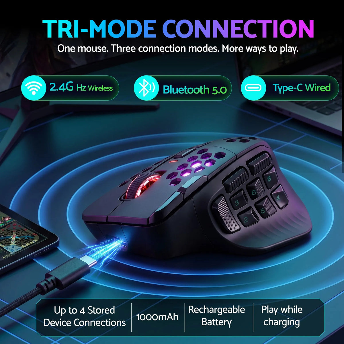 SOLAKAKA Wireless MMO Gaming Mouse 16 Buttons Bluetooth 24000 DPI RGB - Image 6