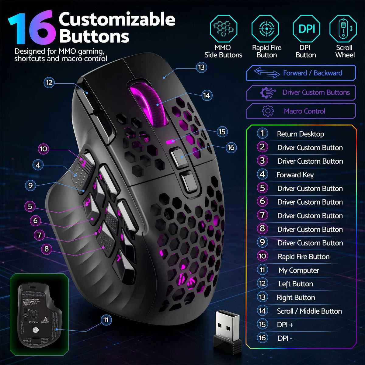 SOLAKAKA Wireless MMO Gaming Mouse 16 Buttons Bluetooth 24000 DPI RGB - Image 7