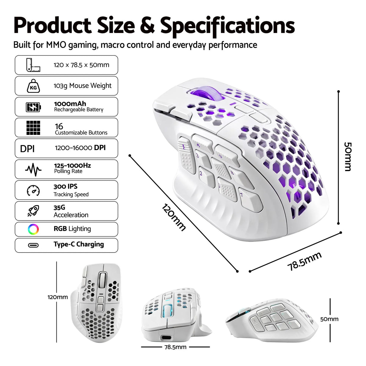 SOLAKAKA Wireless MMO Gaming Mouse 16 Buttons Bluetooth 24000 DPI RGB - Image 3