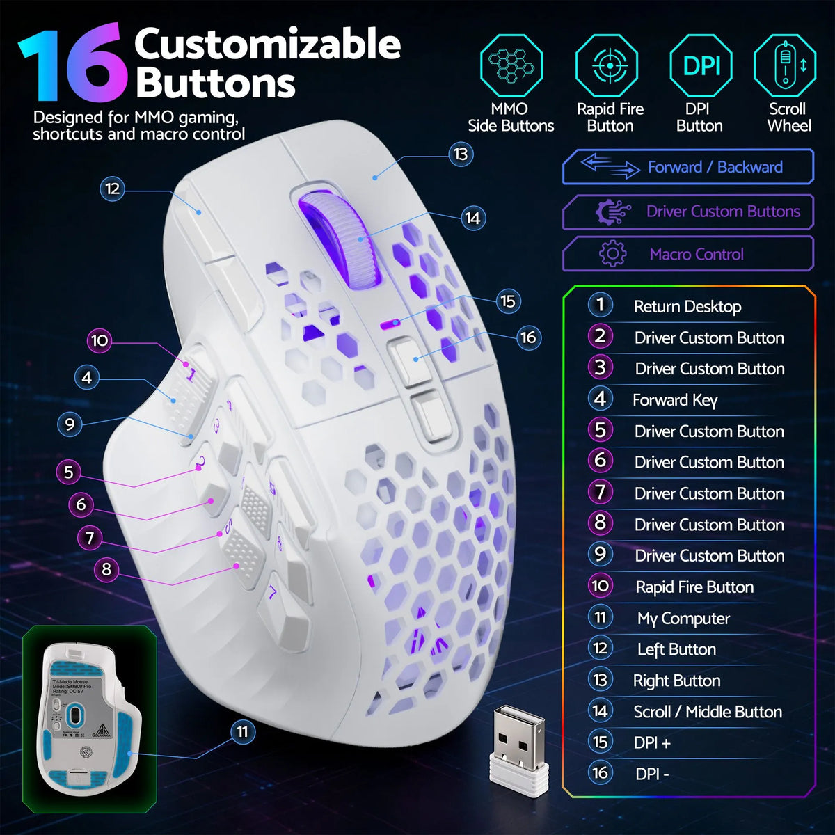 SOLAKAKA Wireless MMO Gaming Mouse 16 Buttons Bluetooth 24000 DPI RGB - Image 7