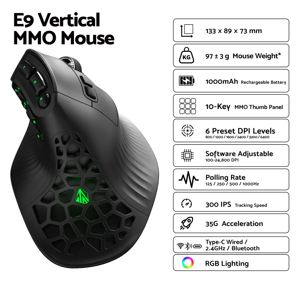 SOLAKAKA E9 Vertical MMO Gaming Mouse Tri-Mode 36000 DPI Ergonomic - Image 3