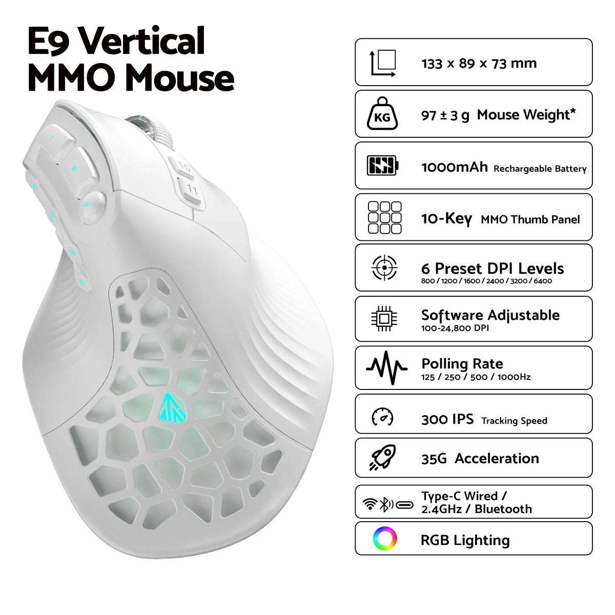 SOLAKAKA E9 Vertical MMO Gaming Mouse Tri-Mode 36000 DPI Ergonomic - Image 3