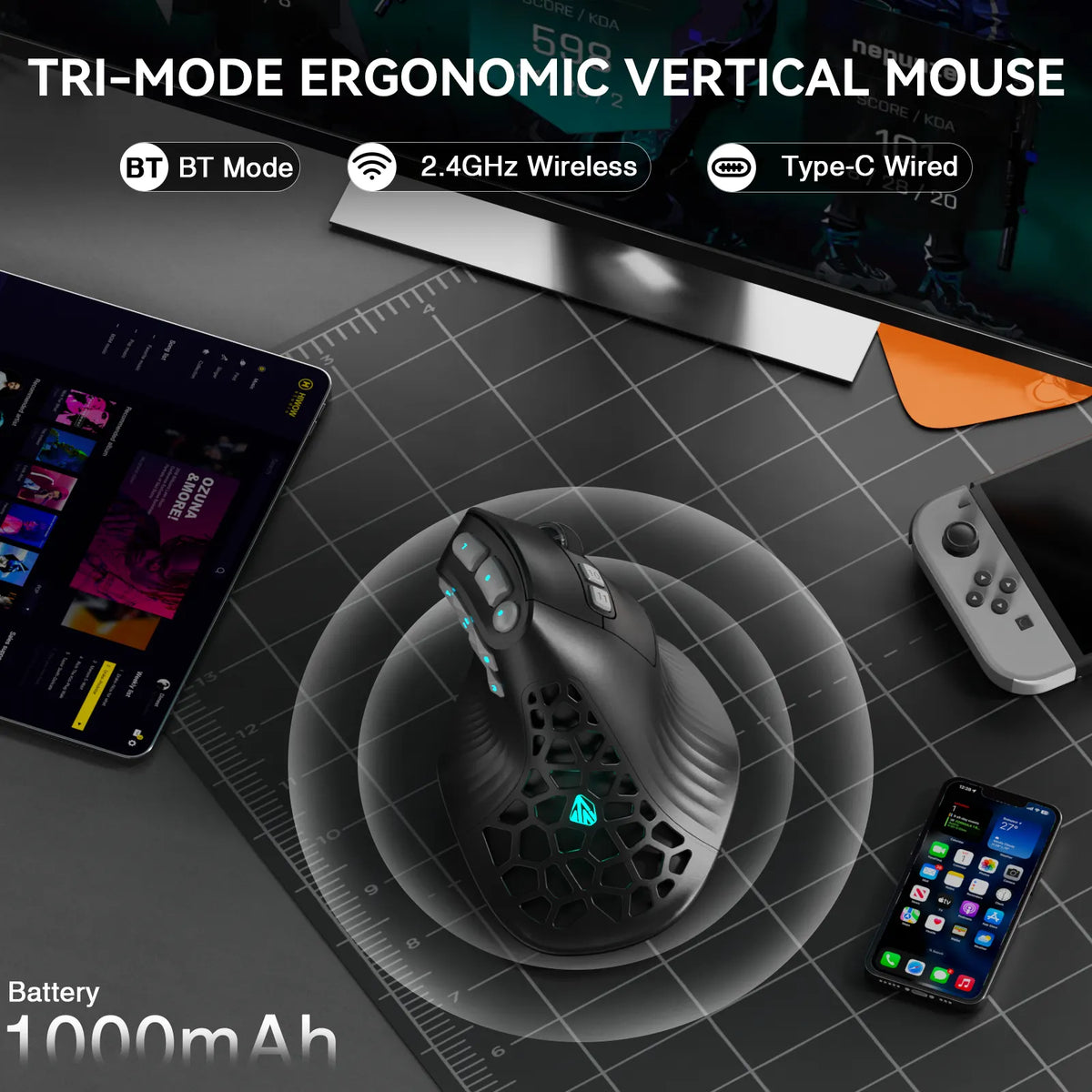SOLAKAKA E9 Pro Vertical MMO Mouse Tri-Mode 36000 DPI 8000Hz PAW3395 - Image 7