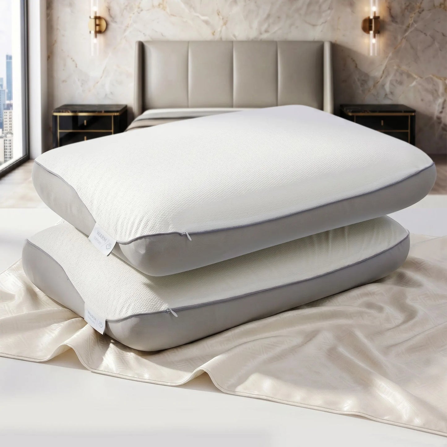 ROOMSENSE Reversible Dual-Sided Memory Foam Pillow, Ice-Cooling & Warm Fabric Sides, 55D Ultra-High Density Ergonomic Contour Pillow for Neck Pain Relief, Back & Side Sleepers