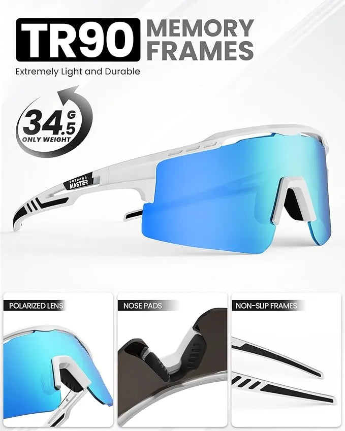 OutdoorMaster Hawk II Polarized Sports Sunglasses for Men Women, TAC 100% UV400 Protection TR90 Frame Cycling Sunglasses, Baseball Running Fishing Golf Glasses-White Frame+revo Blue Cat.3 - Image 6