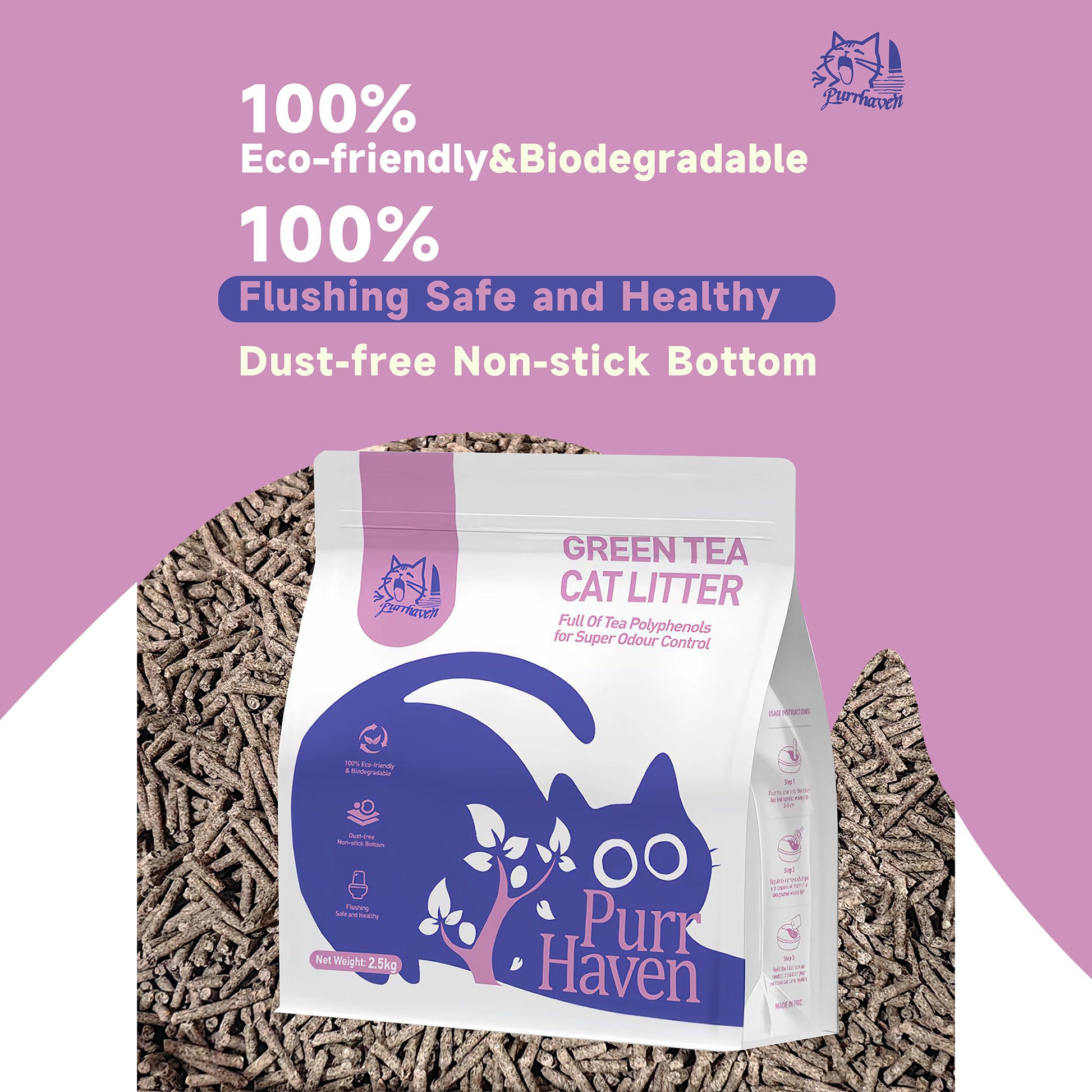PurrHaven Green Tea Clumping Cat & Kitty Litter, 30kg (12 Pack),Dust Free,Natural Flusable,Easy to Clean,Odour Neutraliser,Rapid Liquid Absorption,Non-Toxic Formula - Image 3