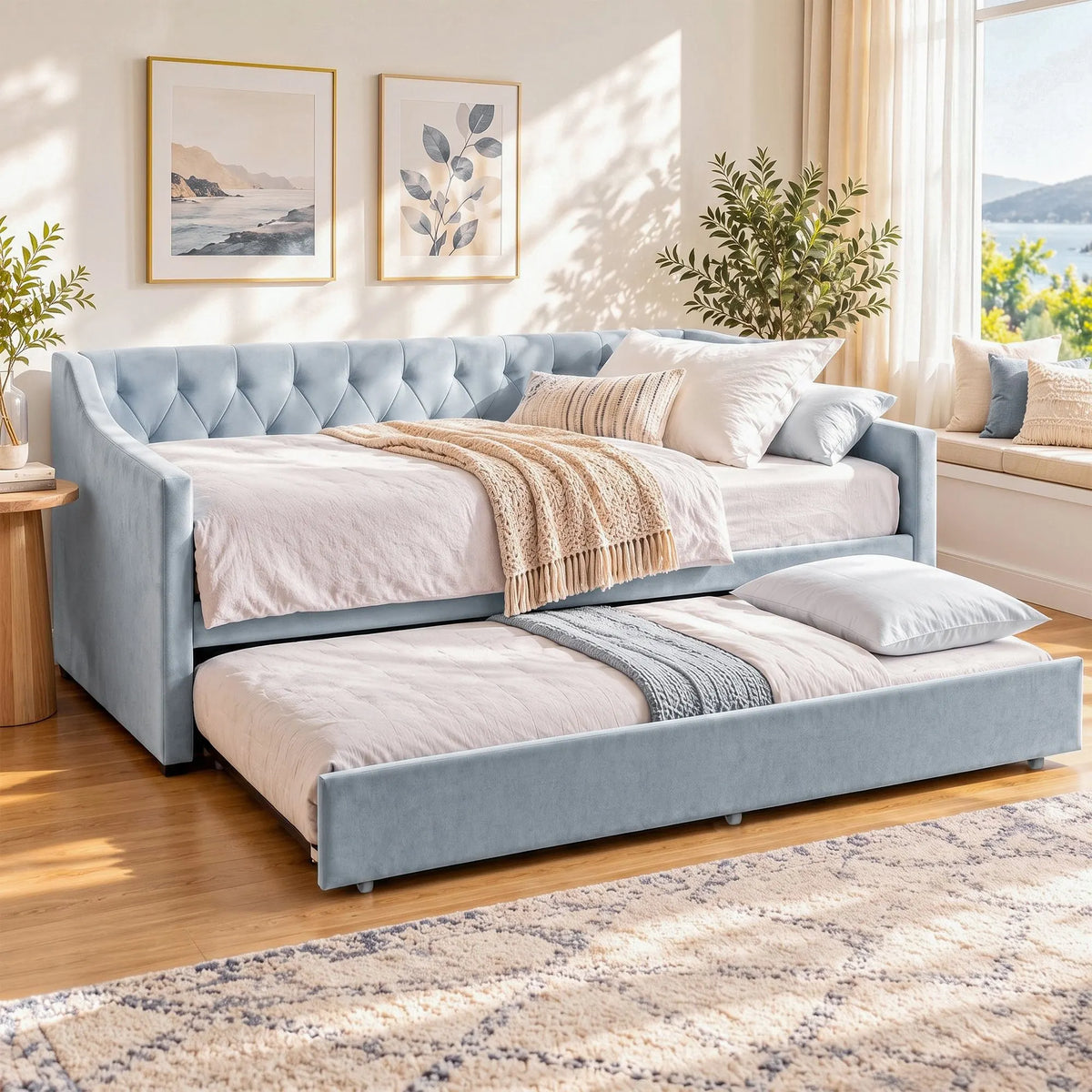 Artiss King Single Buttonless Tufted Daybed with Pull-Out Trundle, Light Blue