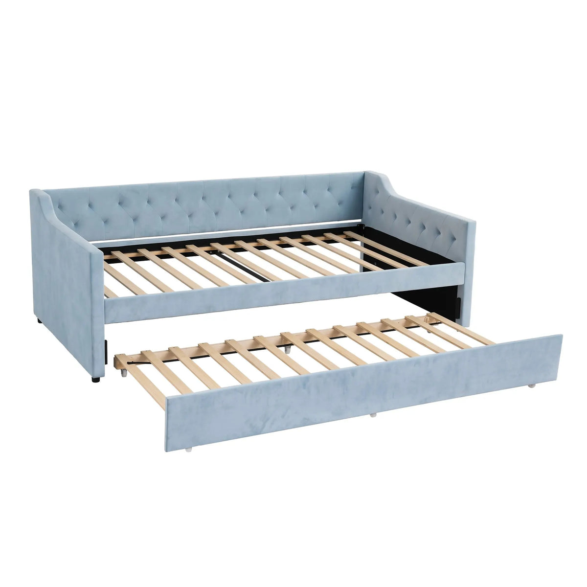 Artiss King Single Buttonless Tufted Daybed with Pull-Out Trundle, Light Blue - Image 2