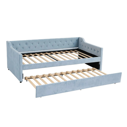 Artiss King Single Buttonless Tufted Daybed with Pull-Out Trundle, Light Blue - Image 2