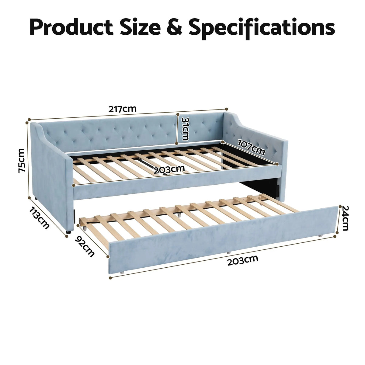 Artiss King Single Buttonless Tufted Daybed with Pull-Out Trundle, Light Blue - Image 3