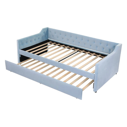 Artiss King Single Buttonless Tufted Daybed with Pull-Out Trundle, Light Blue - Image 4
