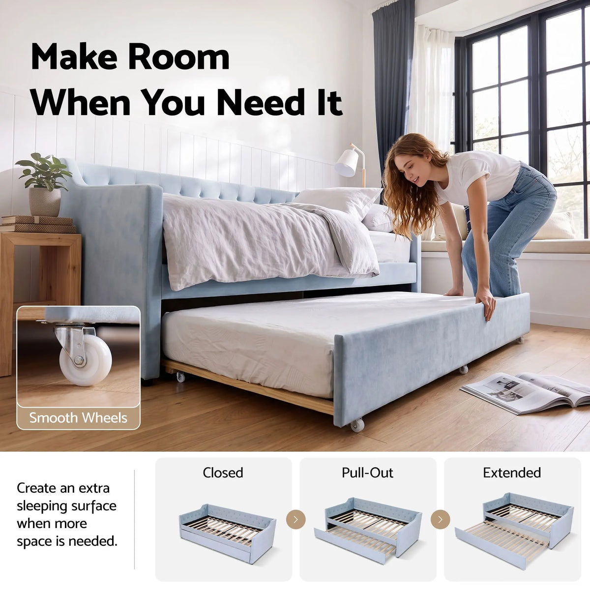 Artiss King Single Buttonless Tufted Daybed with Pull-Out Trundle, Light Blue - Image 5