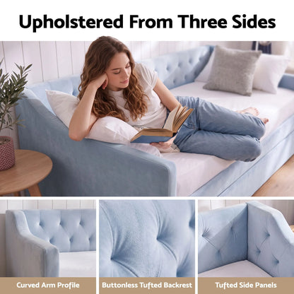 Artiss King Single Buttonless Tufted Daybed with Pull-Out Trundle, Light Blue - Image 7