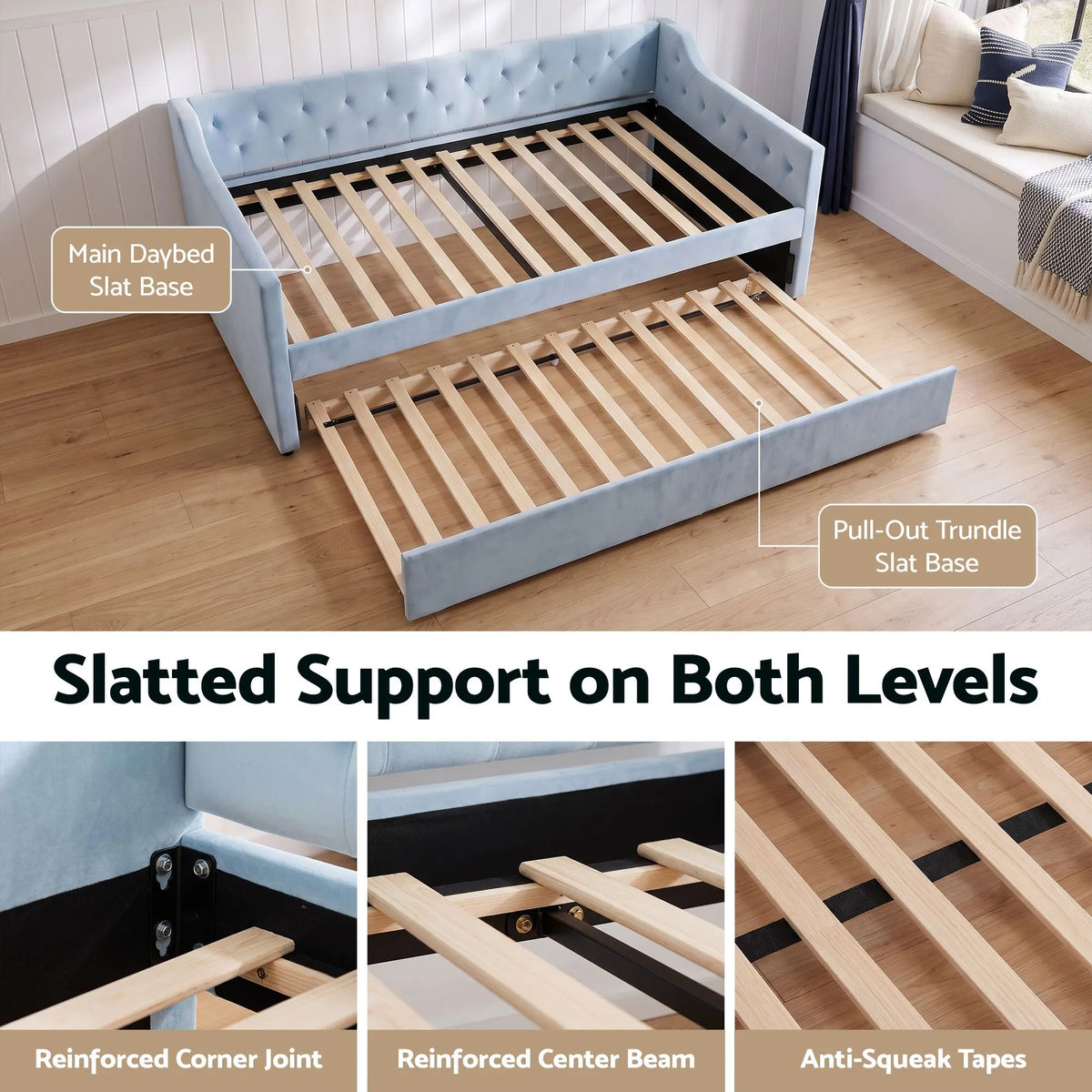 Artiss King Single Buttonless Tufted Daybed with Pull-Out Trundle, Light Blue - Image 8