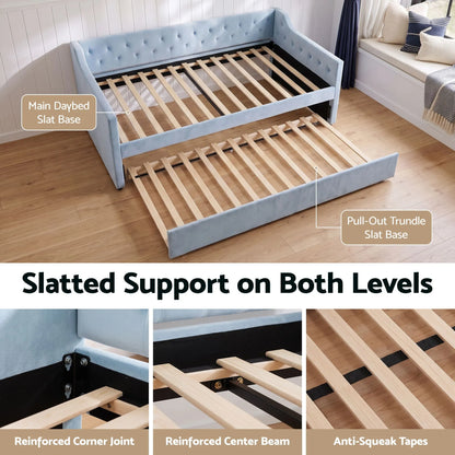 Artiss King Single Buttonless Tufted Daybed with Pull-Out Trundle, Light Blue - Image 8